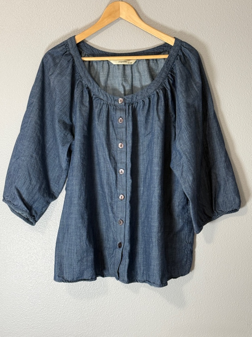 Zapelle Button-Front Indigo Chambray Peasant Blouse Size 1X 18W